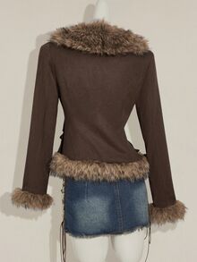 SHEIN ICON 女式秋冬深棕色人造毛皮拼布修身腰部夹克 - 棕色 - 查看 3