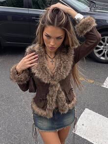 SHEIN ICON 女式秋冬深棕色人造毛皮拼布修身腰部夹克 - 棕色 - 查看 2