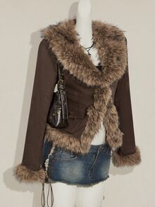 SHEIN ICON 女式秋冬深棕色人造毛皮拼布修身腰部夹克 - 棕色 - 查看 7