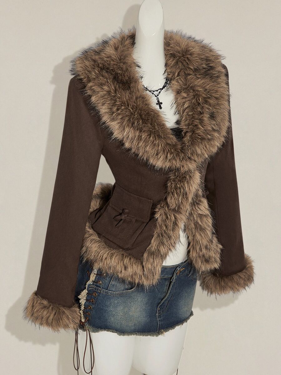 SHEIN ICON 女式秋冬深棕色人造毛皮拼布修身腰部夹克 - 棕色 - 查看 1