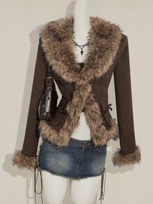 SHEIN ICON 女式秋冬深棕色人造毛皮拼布修身腰部夹克 - 棕色 - 查看 4
