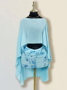 SHEIN ICON 女式蓝色宽松度假休闲披肩上衣，多穿款式，不对称领口，露背，系带 - 藍色 - 查看 2