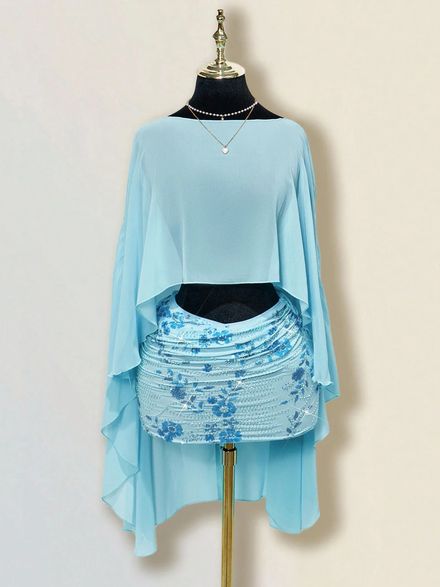 SHEIN ICON 女式蓝色宽松度假休闲披肩上衣，多穿款式，不对称领口，露背，系带