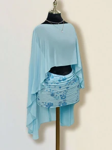 SHEIN ICON 女式蓝色宽松度假休闲披肩上衣，多穿款式，不对称领口，露背，系带 - 藍色 - 查看 6