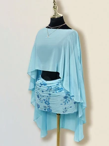 SHEIN ICON 女式蓝色宽松度假休闲披肩上衣，多穿款式，不对称领口，露背，系带 - 藍色 - 查看 9