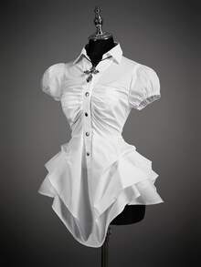 SHEIN ICON Asymmetrical Hem Ruched Design Long Sleeve Women Shirt - White - View 9