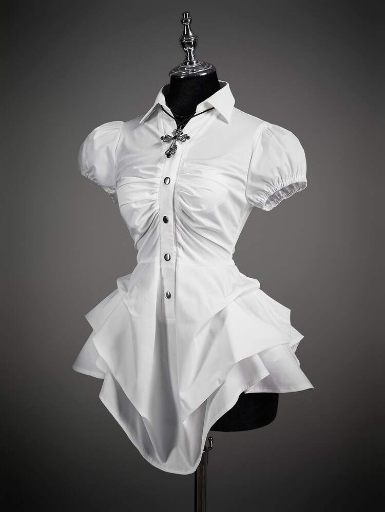 SHEIN ICON Asymmetrical Hem Ruched Design Long Sleeve Women Shirt - White - View 9