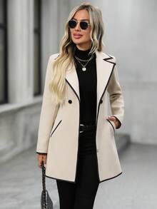 EMERY ROSE Abrigo de mujer talla grande con solapa y ribete de contraste en mezcla de lana - Beis - Ver 9