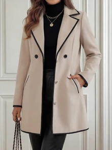 EMERY ROSE Abrigo de mujer talla grande con solapa y ribete de contraste en mezcla de lana - Beis - Ver 10