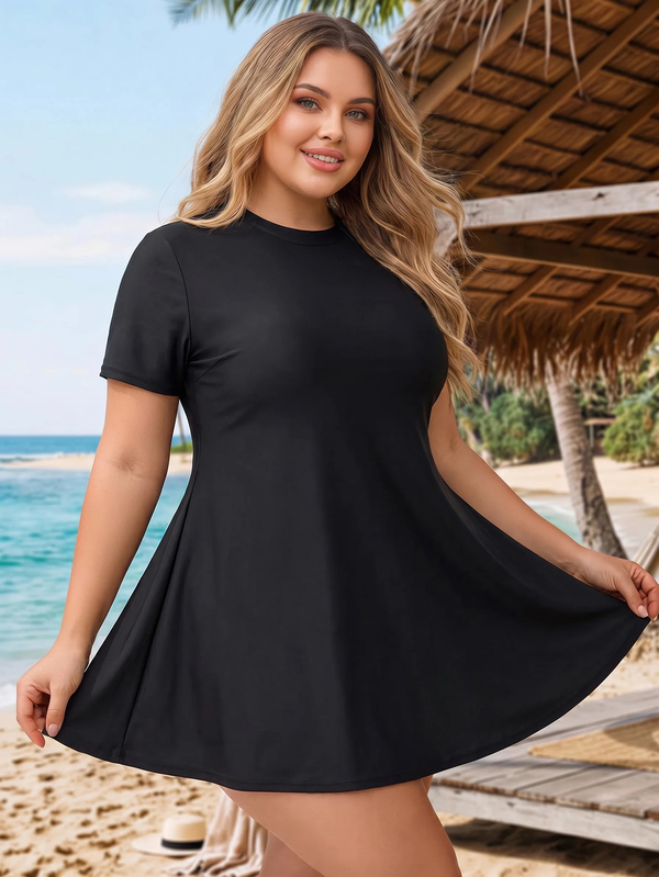 SHEIN CURVE+ Plus Size Women Solid Color Short Sleeve Top And Triangle Bikini Bottom Two-Piece Swimwear Set Beach Vacation Summer Black Conservative Modest