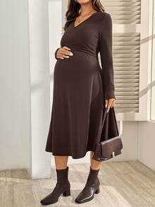 SHEIN Maternity Solid Color V-Neck Short Sleeve Nursing Dress - Brown - View 5