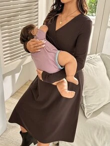 SHEIN Maternity Solid Color V-Neck Short Sleeve Nursing Dress - Brown - View 4