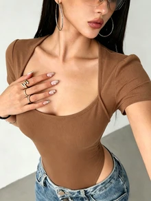 INAWLY Solva Women's Solid Color Fitted Versatile Daily Short Sleeve Bodysuit Night Shades Of Brown Summer Sexy - Brown - View 8
