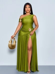 SOLERSUN Plus Asymmetrical Neck Top & Split Thigh Skirt - Green - View 6