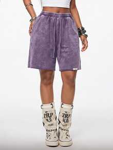 Vadaroq Women All-Season  Streetwear Sporty Athleisure Cowgirl Vintage Going Out Miami Vacation Airport Baggy Washed Elastic Waistband Charcoal Gray Shorts - Purple - View 3