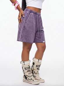 Vadaroq Women All-Season  Streetwear Sporty Athleisure Cowgirl Vintage Going Out Miami Vacation Airport Baggy Washed Elastic Waistband Charcoal Gray Shorts - Purple - View 1