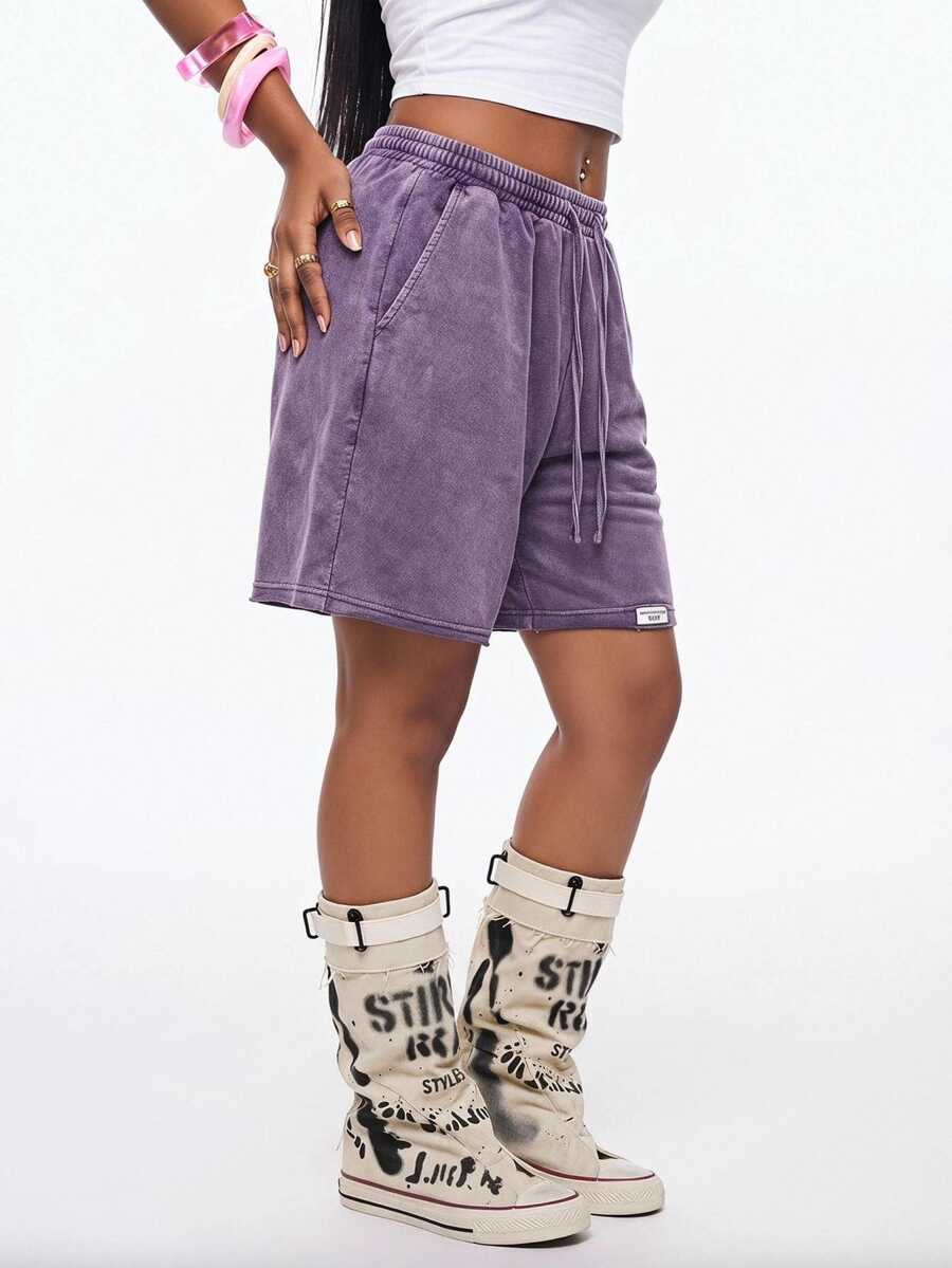 Vadaroq Women All-Season Streetwear Sporty Athleisure Cowgirl Vintage Going Out Miami Vacation Airport Baggy Washed Elastic Waistband Charcoal Gray Shorts - Purple - View 1