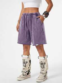 Vadaroq Women All-Season  Streetwear Sporty Athleisure Cowgirl Vintage Going Out Miami Vacation Airport Baggy Washed Elastic Waistband Charcoal Gray Shorts - Purple - View 2