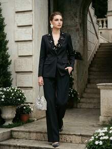 Anewsta Women's Modern Elegant Fashion 3D Floral Rhinestone Design Commuter Versatile Blazer Suit Set - Black - View 2