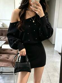 SHEIN PariChic Autumn Festival Outfits Spring, Summer, Autumn, And Winter  Fashion Rhinestone Decorated Dress - Black - View 3