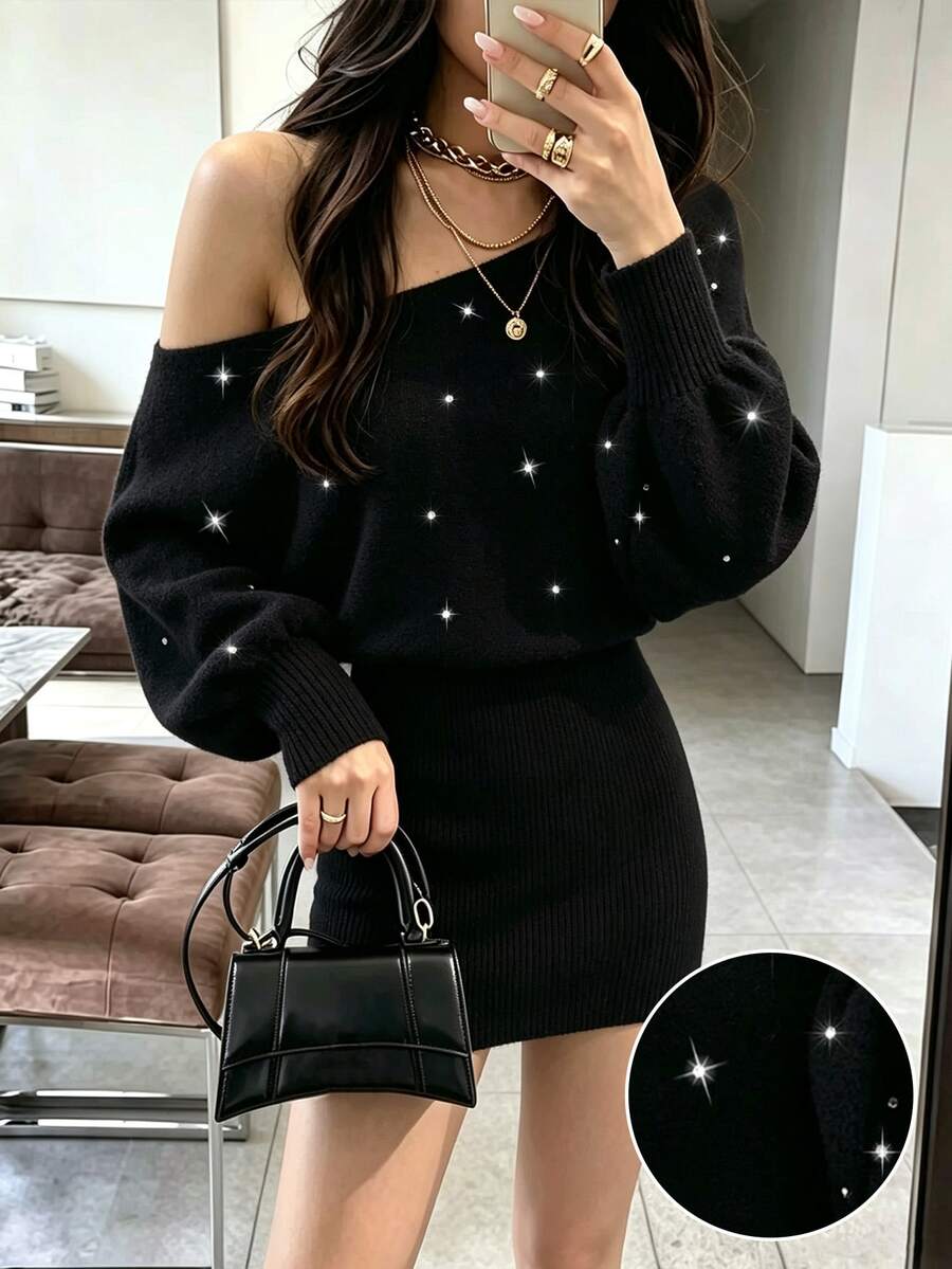 SHEIN PariChic Autumn Festival Outfits Spring, Summer, Autumn, And Winter Fashion Rhinestone Decorated Dress - Black - View 1