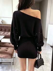 SHEIN PariChic Autumn Festival Outfits Spring, Summer, Autumn, And Winter  Fashion Rhinestone Decorated Dress - Black - View 2
