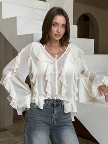 Opulessa Casual Romantic Elegant Solid Color Woven Ruffle Trim Women's Blouse Brunch Tea Party Dinner Date Cream White Autumn - Khaki - View 7