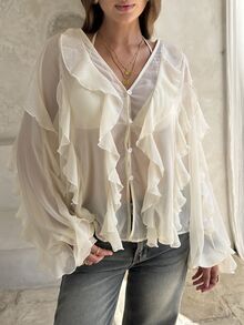 Opulessa Casual Romantic Elegant Solid Color Woven Ruffle Trim Women's Blouse Brunch Tea Party Dinner Date Cream White Autumn - Khaki - View 3