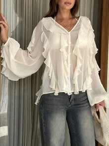 Opulessa Casual Romantic Elegant Solid Color Woven Ruffle Trim Women's Blouse Brunch Tea Party Dinner Date Cream White Autumn - Khaki - View 5