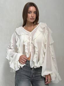Opulessa Casual Romantic Elegant Solid Color Woven Ruffle Trim Women's Blouse Brunch Tea Party Dinner Date Cream White Autumn - Khaki - View 6