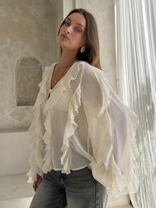 Opulessa Casual Romantic Elegant Solid Color Woven Ruffle Trim Women's Blouse Brunch Tea Party Dinner Date Cream White Autumn - Khaki - View 4