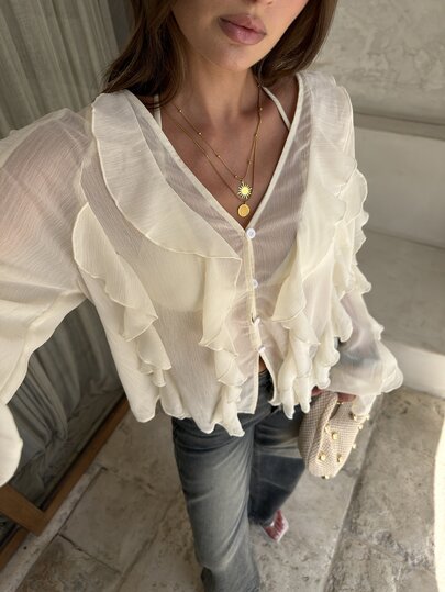 Opulessa Casual Romantic Elegant Solid Color Woven Ruffle Trim Women's Blouse Brunch Tea Party Dinner Date Cream White Autumn