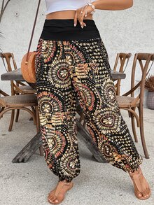 SHEIN VCAY Pantalones de talla grande con estampado de moda casual de vacaciones, cintura alta - Multicolor - Ver 4
