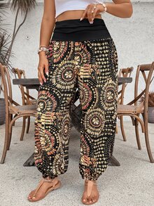 SHEIN VCAY Pantalones de talla grande con estampado de moda casual de vacaciones, cintura alta - Multicolor - Ver 3