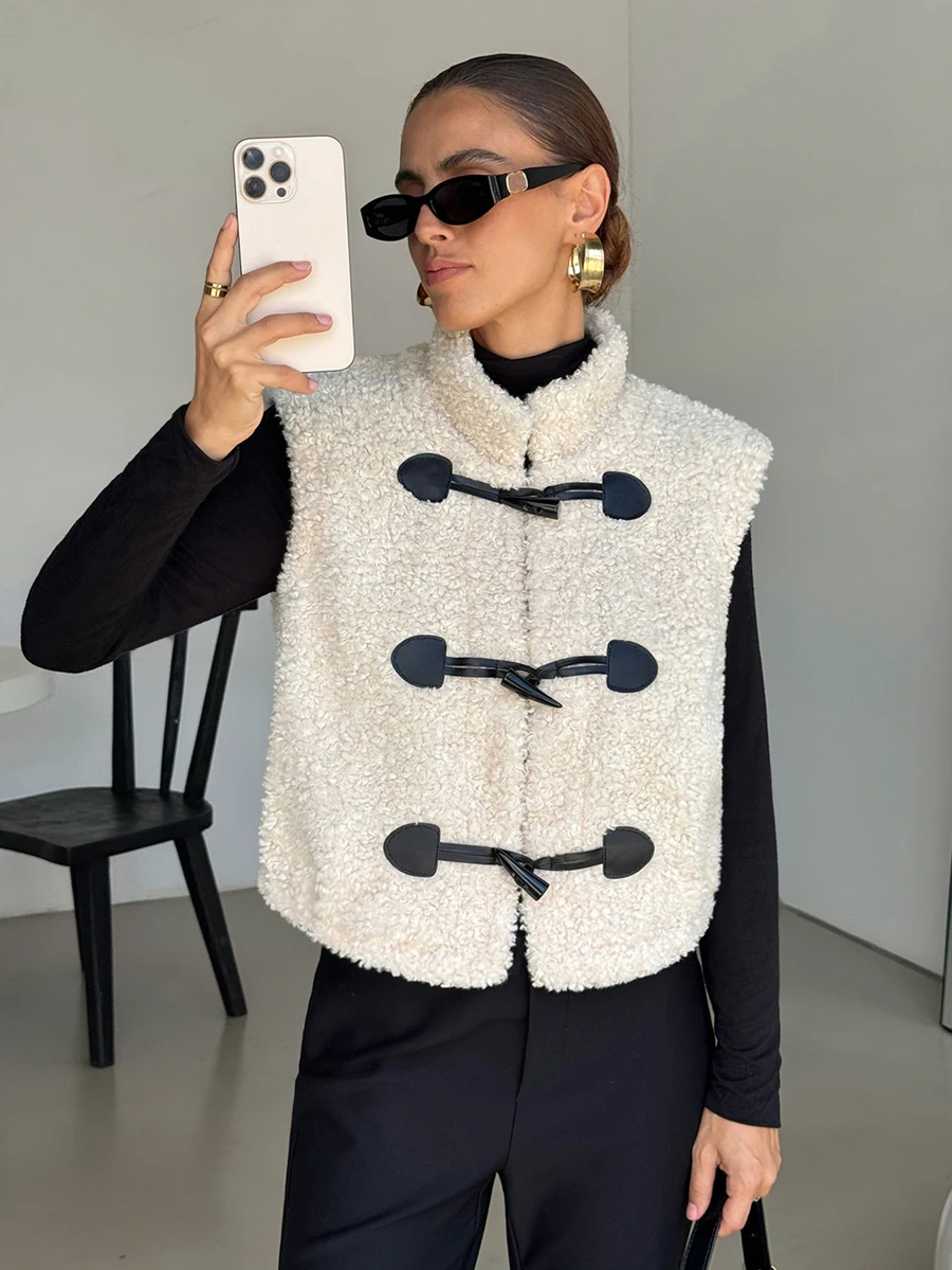 Lavishia Women's Autumn Winter Elegant Chic Teddy Fleece Vest High Neck Sleeveless Jacket With Toggle Button Details For Out Door Wear,Winter Outfits For Women - Apricot - View 1