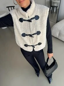 Lavishia Women's Autumn Winter Elegant Chic Teddy Fleece Vest High Neck Sleeveless Jacket With Toggle Button Details For Out Door Wear,Winter Outfits For Women - Apricot - View 7