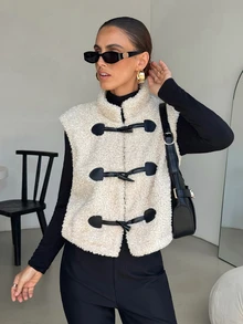 Lavishia Women's Autumn Winter Elegant Chic Teddy Fleece Vest High Neck Sleeveless Jacket With Toggle Button Details For Out Door Wear,Winter Outfits For Women - Apricot - View 5