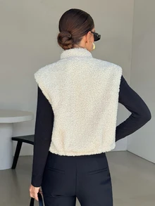 Lavishia Women's Autumn Winter Elegant Chic Teddy Fleece Vest High Neck Sleeveless Jacket With Toggle Button Details For Out Door Wear,Winter Outfits For Women - Apricot - View 2