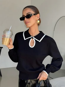 SHEIN Clasi Lapel Collar Contrast Trim Frog Button Design Sweater, Minimalist & Elegant - Black and White - View 1
