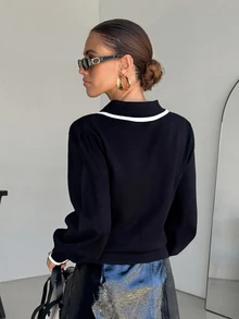 SHEIN Clasi Lapel Collar Contrast Trim Frog Button Design Sweater, Minimalist & Elegant - Black and White - View 2