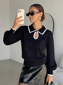 SHEIN Clasi Lapel Collar Contrast Trim Frog Button Design Sweater, Minimalist & Elegant - Black and White - View 5