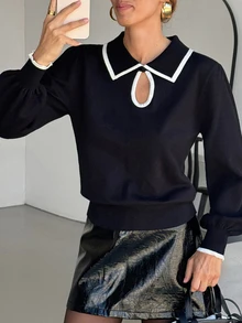 SHEIN Clasi Lapel Collar Contrast Trim Frog Button Design Sweater, Minimalist & Elegant - Black and White - View 6