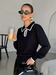 SHEIN Clasi Lapel Collar Contrast Trim Frog Button Design Sweater, Minimalist & Elegant - Black and White - View 4