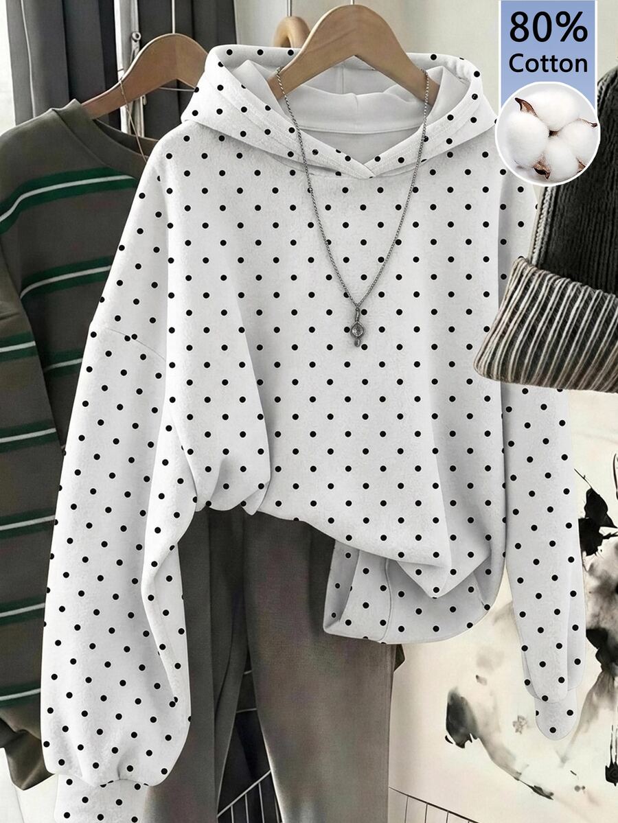 SHEIN EZwear 80%棉女款休閒運動衫，波點印花，女款秋季服飾，冬季服飾，2026秋冬，休閒，Y2K，女款通勤穿搭，基本款，牛仔女郎，復古，返校，外出，學校，2000年代服飾 - 彩色 - 查看 1