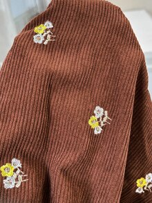 SHEIN 萬聖節孕婦花卉刺繡吊帶連身褲，女款孕婦棕色刺繡燈芯絨連身褲（秋季） - 棕色 - 查看 8