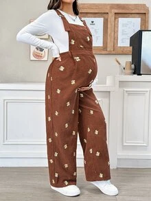 SHEIN 萬聖節孕婦花卉刺繡吊帶連身褲，女款孕婦棕色刺繡燈芯絨連身褲（秋季） - 棕色 - 查看 5
