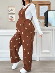SHEIN 萬聖節孕婦花卉刺繡吊帶連身褲，女款孕婦棕色刺繡燈芯絨連身褲（秋季） - 棕色 - 查看 6