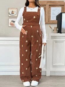 SHEIN 萬聖節孕婦花卉刺繡吊帶連身褲，女款孕婦棕色刺繡燈芯絨連身褲（秋季） - 棕色 - 查看 9