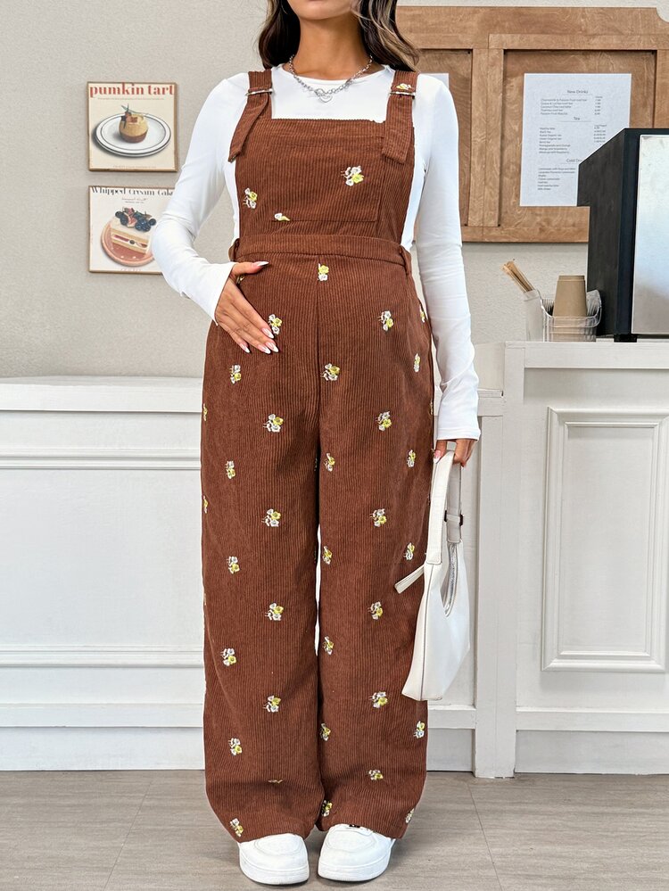 SHEIN Halloween,Maternity Floral Embroidered Overall Jumpsuit,Women's Maternity Brown Embroidered Corduroy Jumpsuit (Autumn) - Brown - View 9