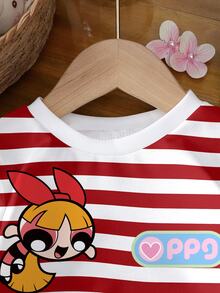 THE POWERPUFF GIRLS X SHEIN 女嬰條紋卡通印花圓領衛衣聖誕款 - 白色 - 查看 3